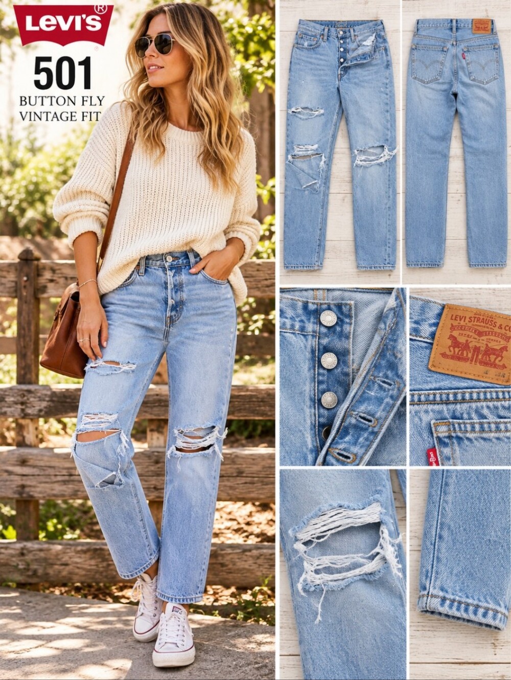 Levi’s 501 Light Wash Distressed Thrashed Ripped Button Fly Jeans W29 L28